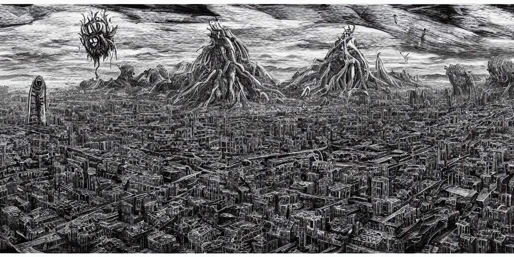 Prompt: concept art of huge lovecraftian horror, eldritch horror, above the city, on a darkling plain, drawn by nicholas delort!! graphic black and white, low camera, wide angle, centered composition, golden ratio
