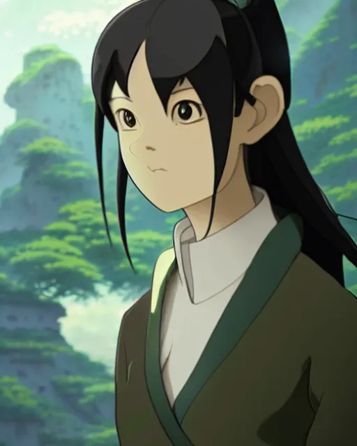 Image similar to toph from avatar as an office clerk, detailed perfect face, exquisite details, fire magic, mid view, design on a white background, by studio muti, greg rutkowski makoto shinkai takashi takeuchi studio ghibli