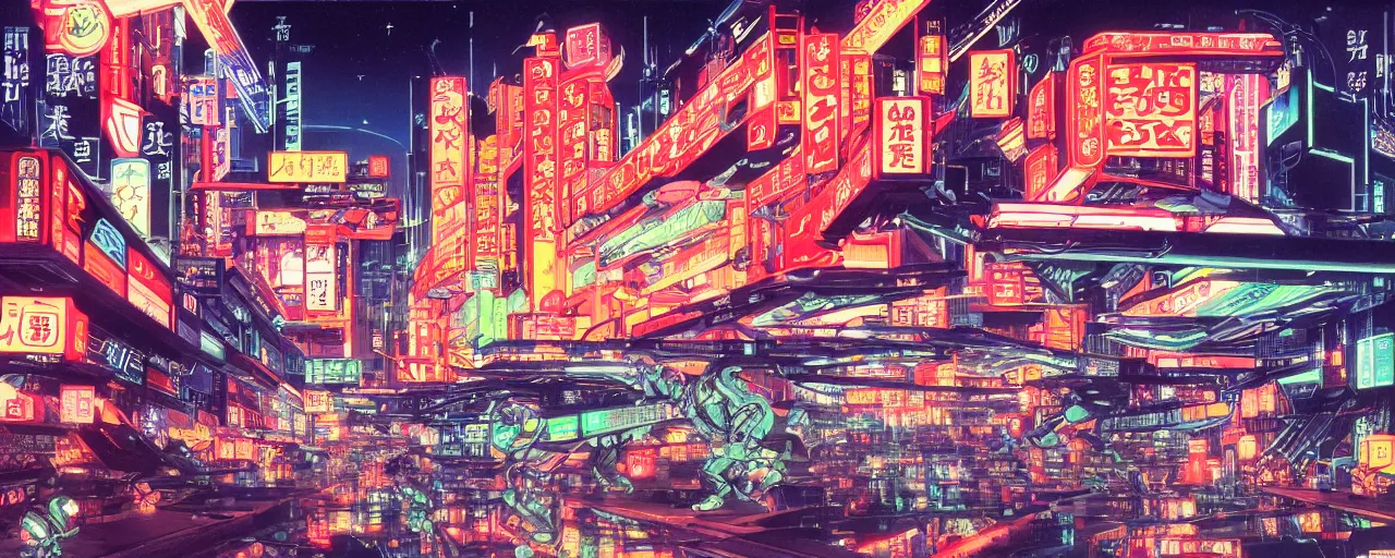 Prompt: robot frog destroying the center of a futuristic sci-fi asian city at night, signboards, neon lights, blade runned color palette, by Yasunari Ikenaga, Yamato, Macross