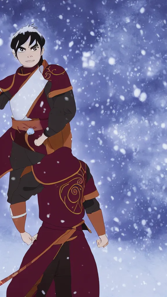 Prompt: A Prince Zuko, if he had Ice Powers, standing in a snowy vista. Thematic Costume. Fire-Scar over one eye. Anime style drawn by Michael Dante DiMartino and Bryan Konietzko. 4K HD Wallpaper, Premium Prints Available.