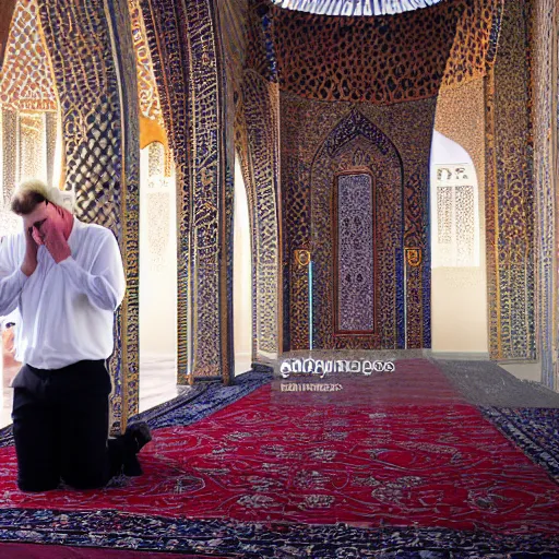 Prompt: Trump praying in mosque, award winning cinematic photography, 50 mm, blurred background, trending on Shutterstock