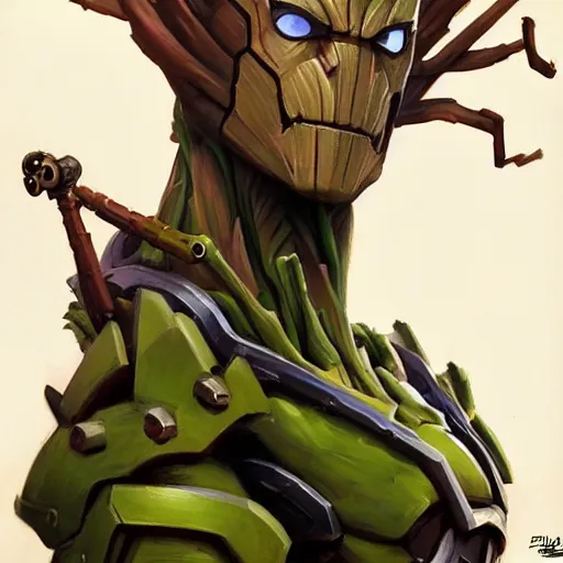 Image similar to greg manchess portrait painting of armored groot as overwatch character, medium shot, asymmetrical, profile picture, organic painting, sunny day, matte painting, bold shapes, hard edges, street art, trending on artstation, by huang guangjian and gil elvgren and sachin teng