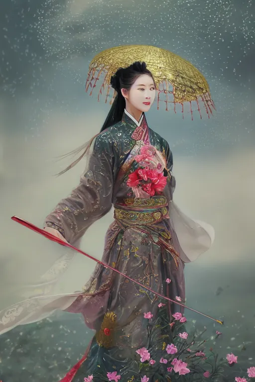 Prompt: portrait wuxia sword dance Girl, Chinese costume, in forbidden City Rainning, flowers sea everywhere, ssci-fi, fantasy, intricate, very very beautiful, elegant, highly detailed, digital painting, artstation, concept art, smooth, sharp focus, illustration, art by tian zi and WLOP and alphonse mucha