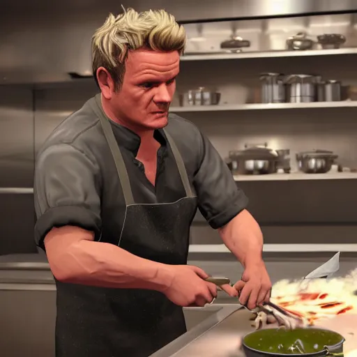 Image similar to GTA 5 photorealistic Gordon Ramsey cooking a unicorn in an intricate kitchen 4k