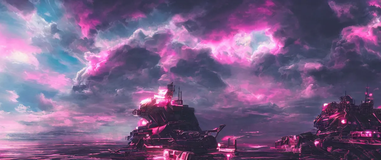 Image similar to mohawk, portrait big dark punk, space, hyperdetailed illustration, stars, pink, neon, oil painting, rich deep colors masterpiece, pirate neon ship, ultra detailed, contrast, heaven pink, clouds, volumetric light, atmospheric lighting, dramatic, cinematic, moody, octane render 4 k, 8 k