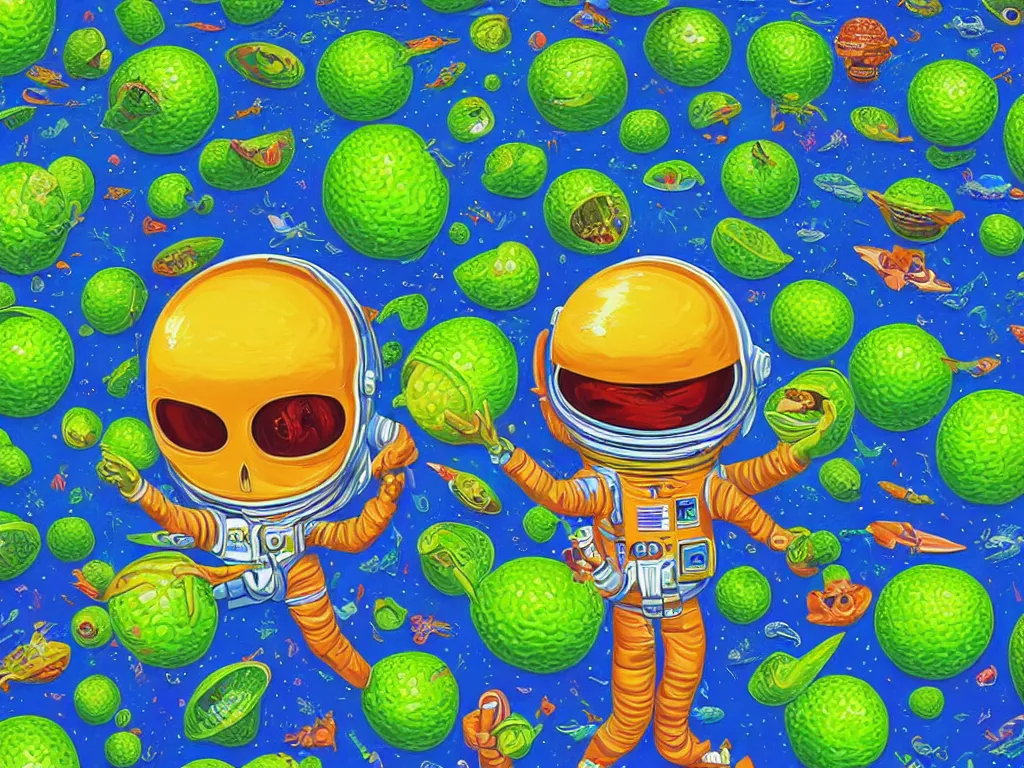 Prompt: a digital painting of a astronaut without a helmet and skulls in place of their heads floating in a bright colorful alien ocean surrounded by limes!!!!!!, sharp focus, retro futuristic by todd schorr