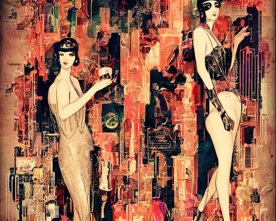Prompt: photo of a beautiful flapper girl, 1920's style speakeasy, high ceiling, large cocktail bar, blade runner, full of people, 1920's vintage bar posters, cyber punk, in the style of DOFRESH, artstation, feminine figure, gorgeous, pretty face, full length beautiful body, colourful, 1920's cyberpunk,