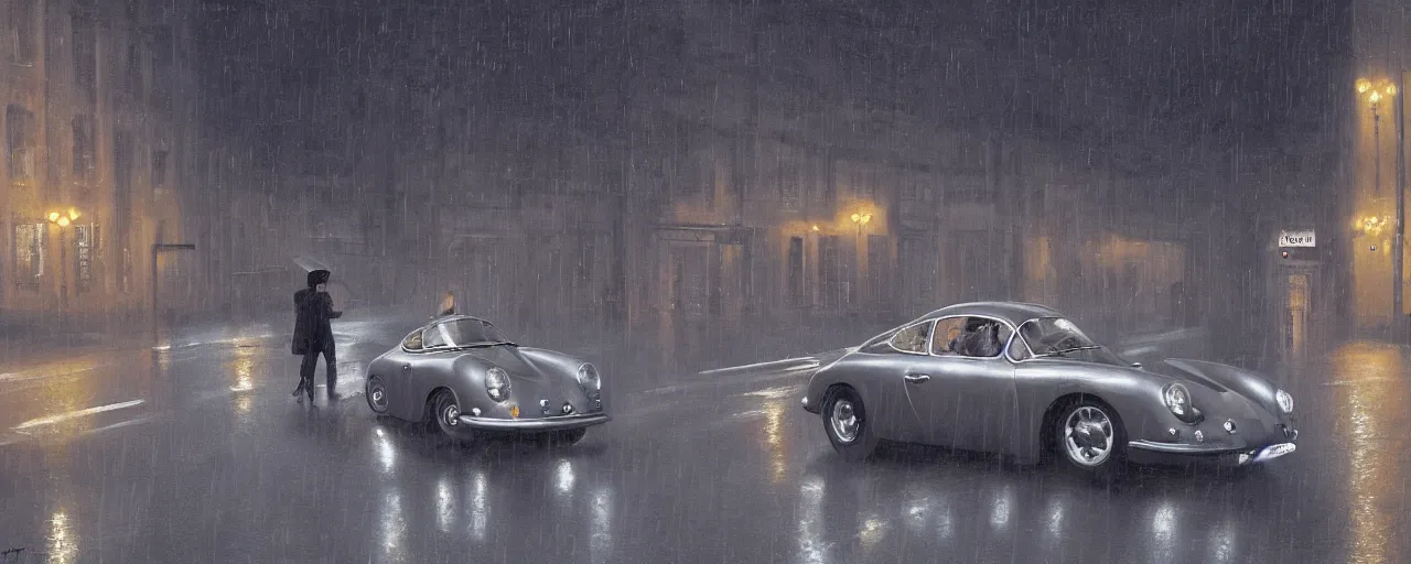 Image similar to Mysterious figure swings a heavy sledgehammer at a silver Porsche 550 with its headlights on, parked on the side of the road in the city of Cologne in the rain, by George Tooker, moody, ominous, lighting, hyper-realistic.