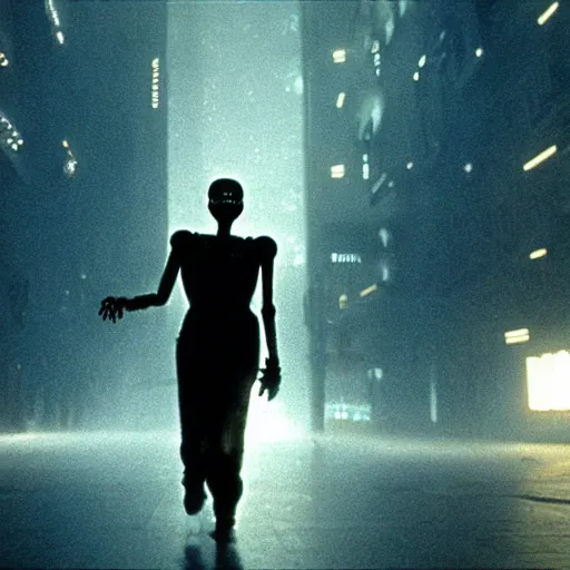 Image similar to a glowing skeleton walking. still from blade runner.