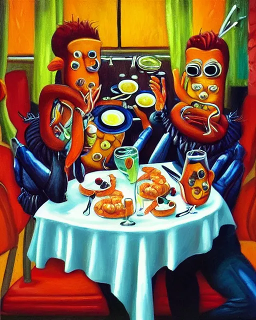 Image similar to “shrimpman’s having dinner with friends at the restaurant 666, detailed oil paint, discopunk”