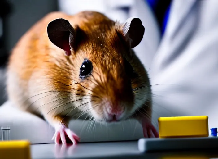 Prompt: film still of a hamster working in a research lab finding the cure for cancer, 8 k