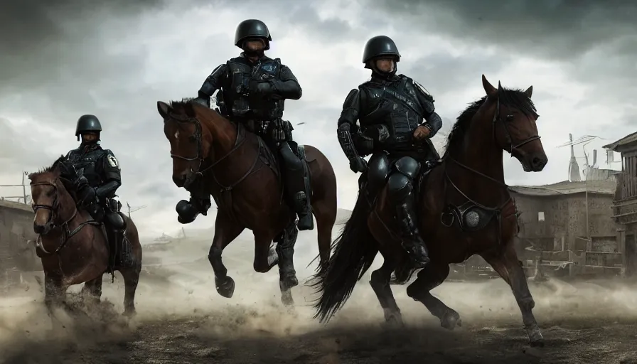 Image similar to police riding a militarized horse through an orwellian town, troops searching the area, action scene, an epic fantasy, dramatic lighting, cinematic, establishing shot, extremely high detail, photorealistic, cinematic lighting, artstation, octane render, by Christopher Nolan, horizon forbidden west