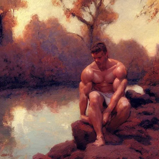 Prompt: muscular young man by the river, painting by Gaston Bussiere, Craig Mullins