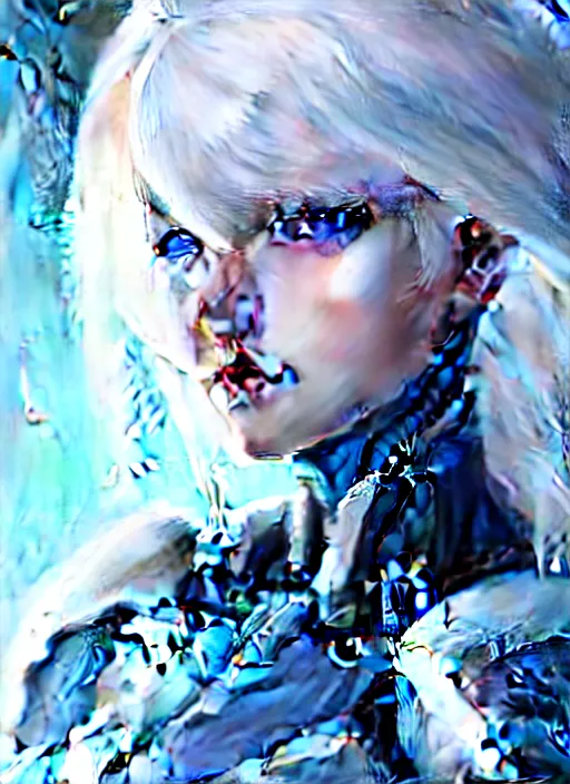 Image similar to detailed portrait of perfect white haired girl, android, warframe armor, beautiful, pretty face, blue cyborg eyes, innocent, scifi, 4 k, sun yunjoo, ultra realistic, aura of light, cinematic lighting, highly detailed, sharp focus, artstation, masterpiece, art by hyungjin yang