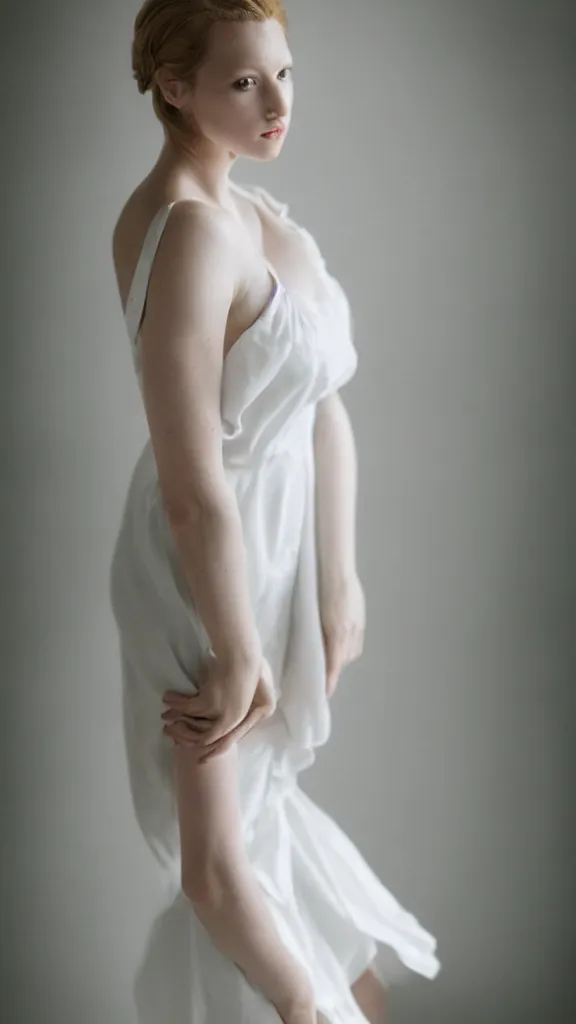 Prompt: an extremely beautiful studio shot of emily skinner, looking like annie leonhart wearing heels and white dress, in a white room, pale skin, bokeh, very very very very beautiful!!, hard focus, sexy pose, full body shot, 9 0 mm, f / 1. 2 5