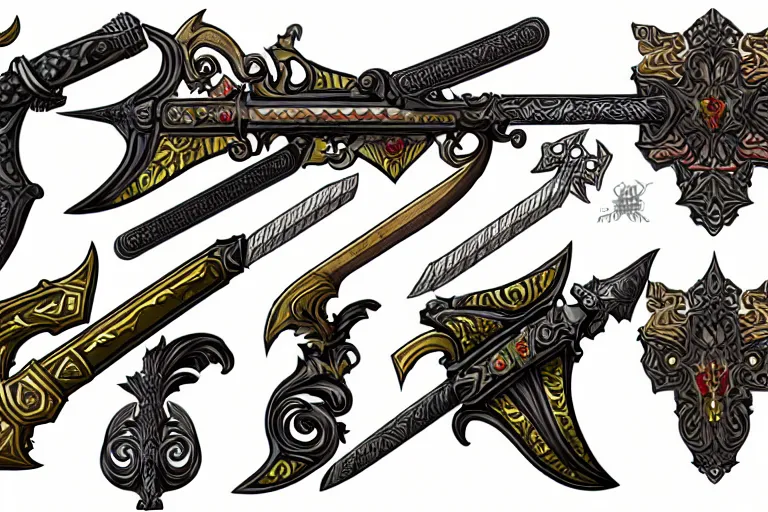 Prompt: design sheet of various ornate fantasy weapons, varied colors