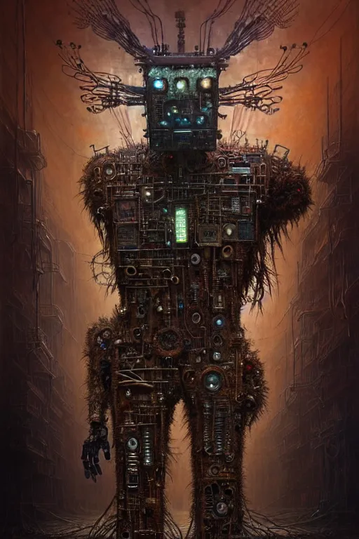 Image similar to A photo of a robot monster cyborg made of circuits wide view shot by ellen jewett , tomasz alen kopera and Justin Gerard, symmetrical features, ominous, magical realism, texture, intricate, ornate, royally decorated, android format, windows, many doors, roofs, complete house , whirling smoke, embers, red adornments, red torn fabric, radiant colors, fantasy, trending on artstation, volumetric lighting, micro details, 3d sculpture, ray tracing, 8k