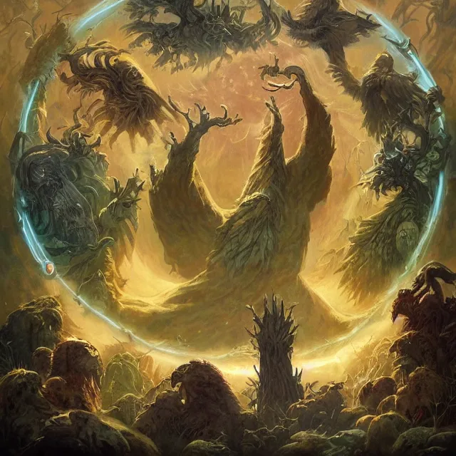 Image similar to a circle of druids conjuring the world into existence by greg rutkowski and frank frazetta and peter mohrbacher and william blake and dan mumford