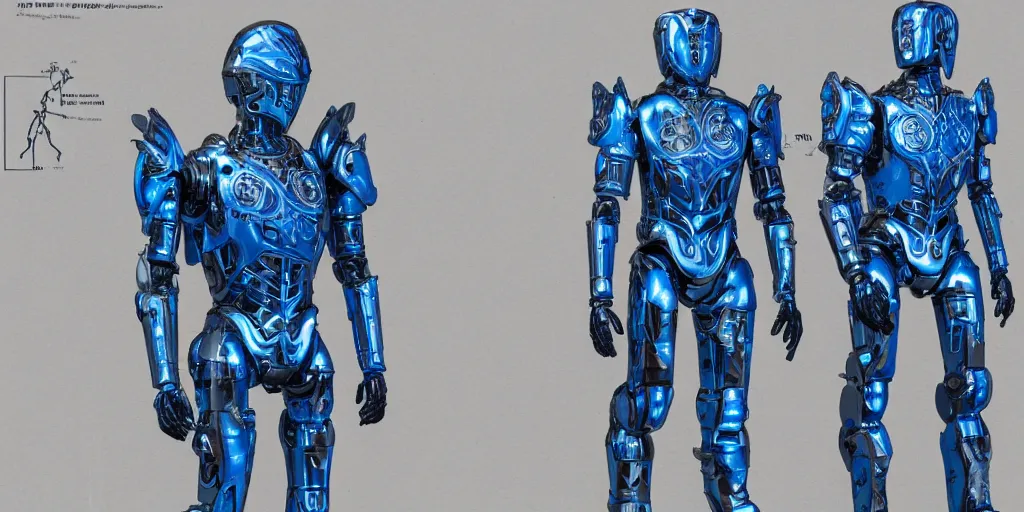 Image similar to a futuristic male humanoid robot, heavily armed, ornate armor, using a schematic blue print as a guide, photo realistic, dark fantasy, 4 k, full body