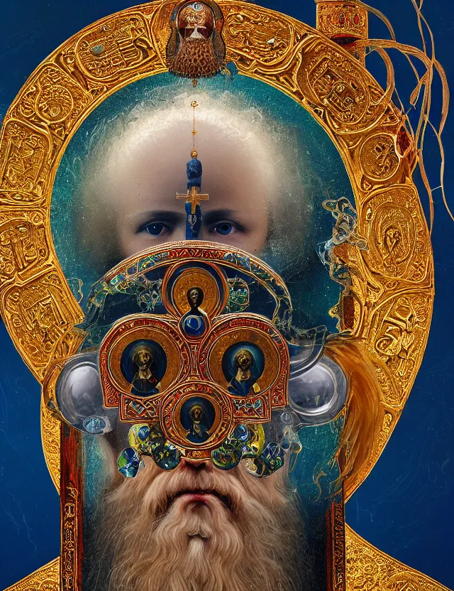 Image similar to russian orthodox icon macro close - up portrait with mask made of ram skull. betta fish, jellyfish phoenix, bioluminiscent, plasma, ice, water, wind, creature, super intricate ornaments artwork by tooth wu and wlop and beeple and greg rutkowski