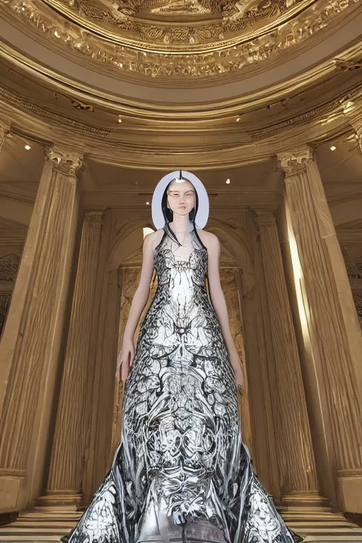 Image similar to a beautiful hyperrealistic ultradetailed 3D, one girl in a magnificent McQueen couture dress on against the backdrop of a marble building, Designer clothes, futuristic clothes, clothes from the future, voge photo, fashion style, fullbody, in full growth, photorealistic, high resolution, trending on artstation, highly detailed, volumetric lighting, elegant, details, good clear quality, volumetric lighting,