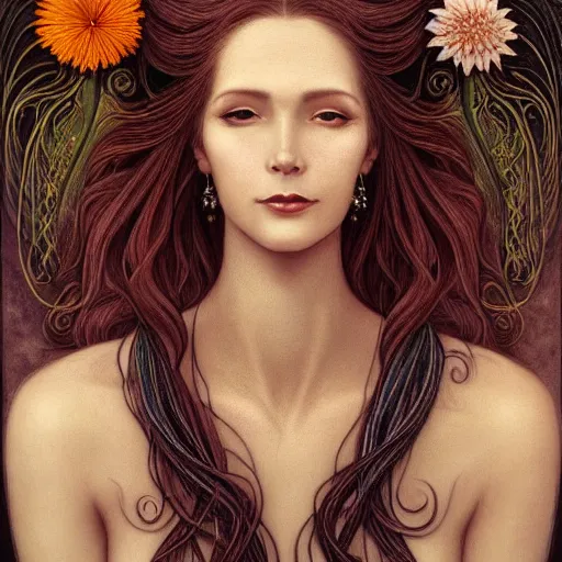 Image similar to facial portrait of a young pretty woman in flowing dress, arrogant, mysterious, long fine flowing hair, delicate, looking at camera, slightly awkward smile, realistic face, hands behind back, stylish, elegant, grimdark fantasy, flowers, extremely detailed painting inspired by Gerald Brom and Ernst Haeckel and Kaluta