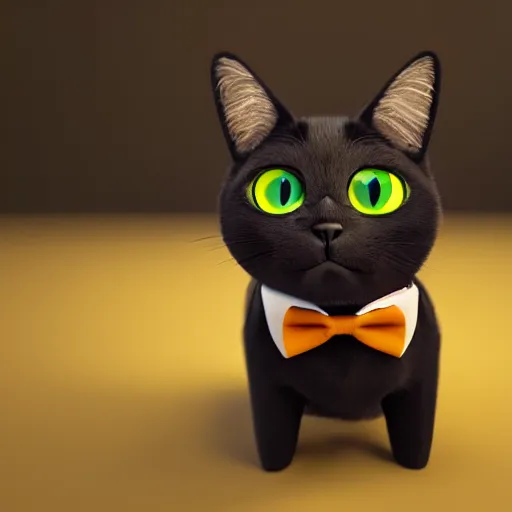 Prompt: cute black cat with white whiskers and green eyes, bowtie, high detail, rendered in octane, pixar style, studio photography