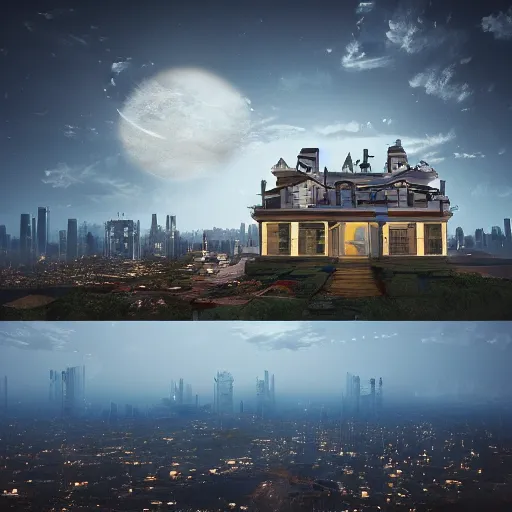 Prompt: a mansion floating in the sky above an urban wasteland, digital art, 8 k hd