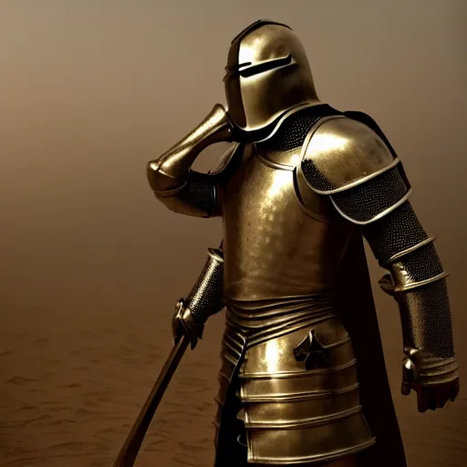 Prompt: A photo of a medieval knight fighting a war in the desert, dust and blood and fog in the air, dark and horrifying battlefield environment, hyper realistic, cinematic lighting, volumetric lighting, Gold and Silver Armour Suit, trending on Artstation