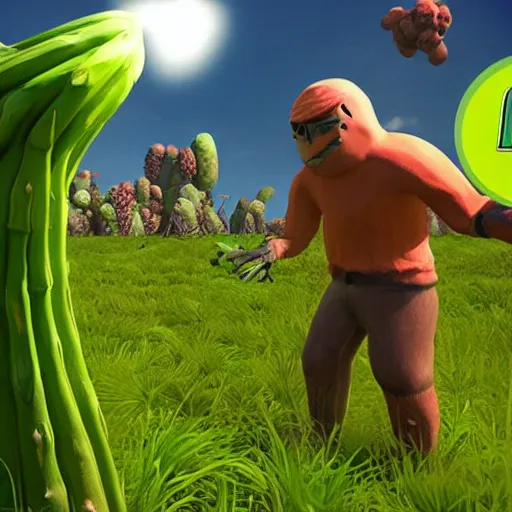 Prompt: 3d video game gameplay of man in field of giant asparagus