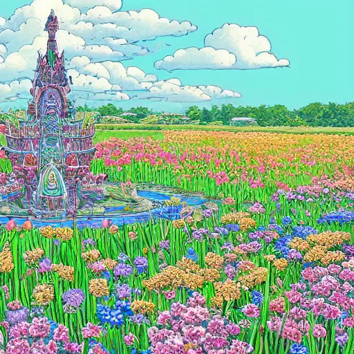 Prompt: a beautiful painting of a large exquisite mystical shrine in a field of flowers by moebius and studio ghibli, hyper detailed vector line art, fountain pen art