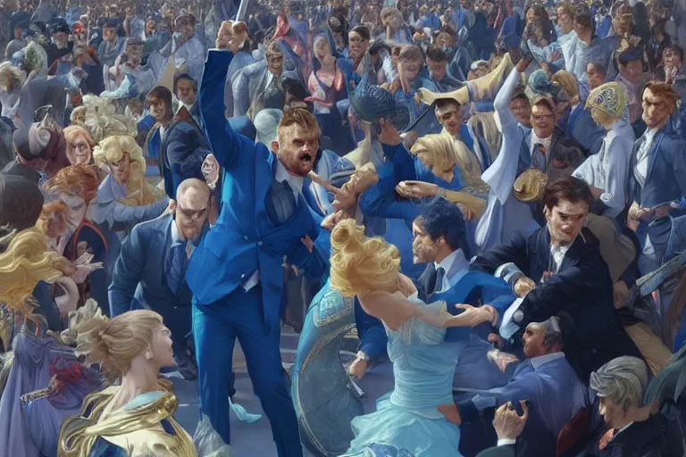 Image similar to a crowd throwing swords at a blond man in a blue suit, surrounded by a crowd, intricate, elegant, ultra realistic illustration, highly detailed, digital painting, artstation, concept art, smooth, sharp focus, illustration, art by artgerm and greg rutkowski and alphonse mucha