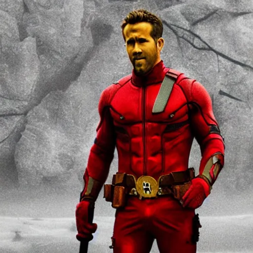 Prompt: Ryan Reynolds wearing a red suit and holding a long sword in the middle of a detailed ancient forest, abstract minimalist painting