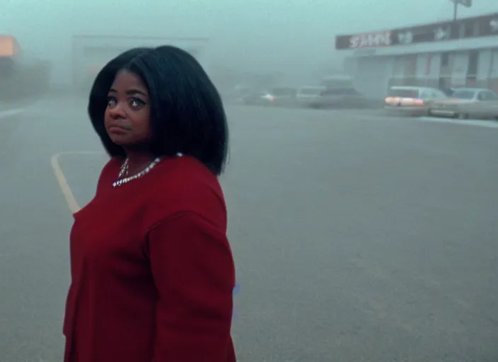 Image similar to cinematic screenshot wide shot of octavia spencer in a foggy abandoned sears parking lot, paranoia everywhere, screenshot from the tense thriller film ( 2 0 0 1 ) directed by spike jonze, volumetric hazy lighting, moody cinematography, 3 5 mm kodak color stock, 2 4 mm lens, ecktochrome