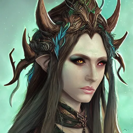 Prompt: d & d concept character art of elven druid, headshot, high detail, matte painting, digital art, dramatic lighting