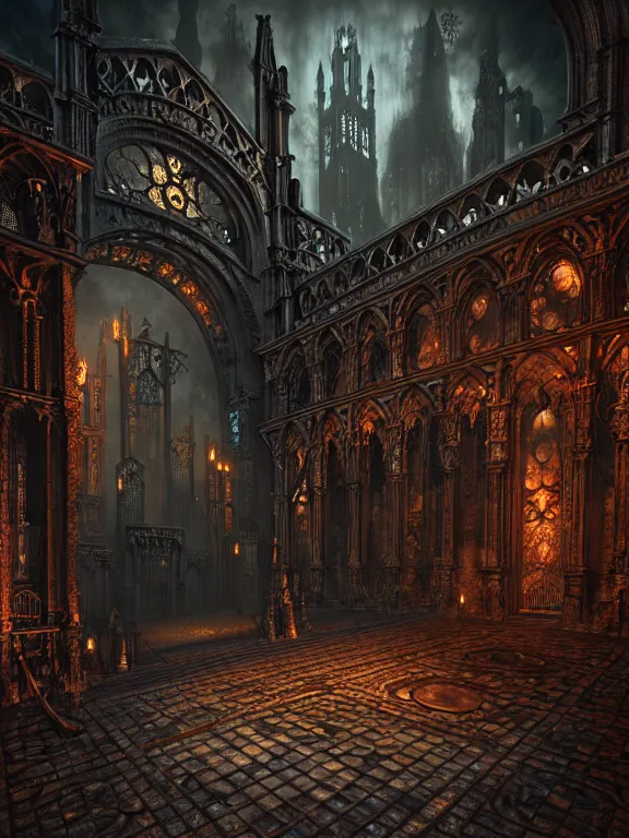 Image similar to steam necropolis, memento mori, gothic, neo - gothic, art nouveau, hyperdetailed copper patina medieval icon, stefan morrell, philippe druillet, ralph mcquarrie, concept art, steampunk, unreal engine, detailed intricate environment, octane render, moody atmospherics, volumetric lighting, ultrasharp, ominous, otherworldly