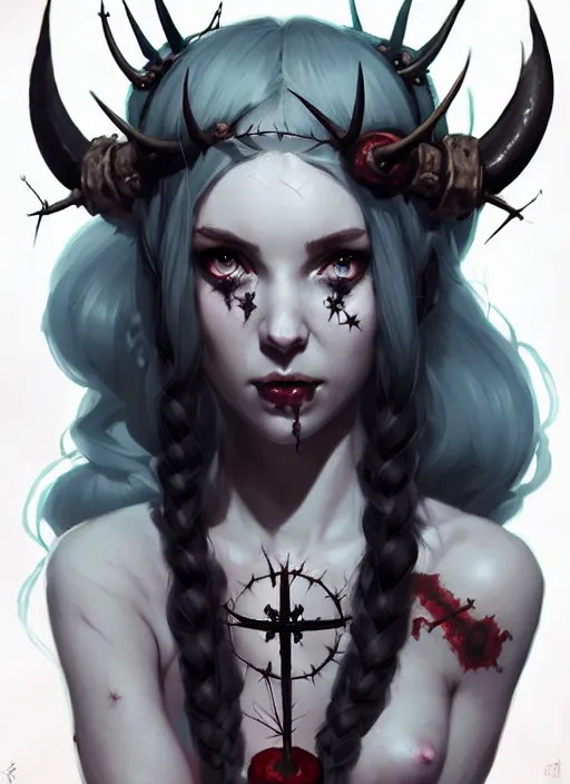 Prompt: portrait of cute succubus girl with crown of thorns and horns covered with runic tattoos, warhammer, dark fantasy, by atey ghailan, by greg rutkowski, by greg tocchini, by james gilleard, by joe gb fenton, by in kaethe butcher, dynamic lighting, gradient light blue, red, blonde cream and white color in scheme, grunge aesthetic