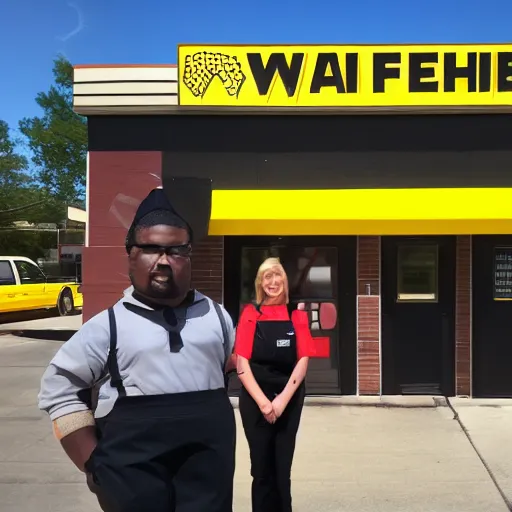 Image similar to wafflehouse employee's standing below wafflehouse sign