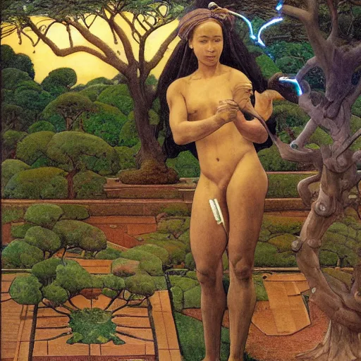 Prompt: Muscular African gardener cutting bonsai trees, grey Hair, idyllic Garden, by Annie Swynnerton and Nicholas Roerich and jean delville, glowing paper lanterns, strong dramatic cinematic lighting , ornate tiled architecture, lost civilizations, smooth, sharp focus, extremely detailed