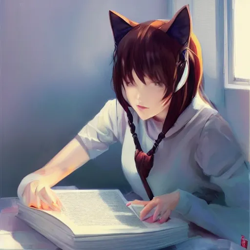 Prompt: Girl with cat ears studying from a textbook, by WLOP, by Artgerm, by Michael Garmash, by Rob Rey, digital art, trending on artstation, anime style, beautiful lightning, atmospheric