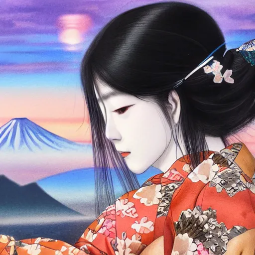 Prompt: art by katsuhiro otomo, artwork by artgerm, japanese landscape, geisha facing the mountains by yuumei, portrait, kimono, water, reflection, clouds, nature, snowy peak, lake kawaguchi, sunset, white blossoms, 4 k, fantasy art, amazing awesome and epic, ultrafine detail, ultra hd wallpaper