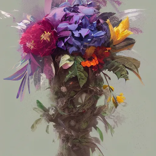 Prompt: Concept art, Contemporary tropical flower bouquet, 8k, james gurney, greg rutkowski, john howe, artstation