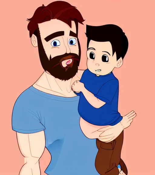 Image similar to a father with short red hair, a short red beard and blue eyes and a slightly chubby face hold his infant son with short brown hair full color digital illustration in the style of don bluth, artgerm, artstation trending, 4 k