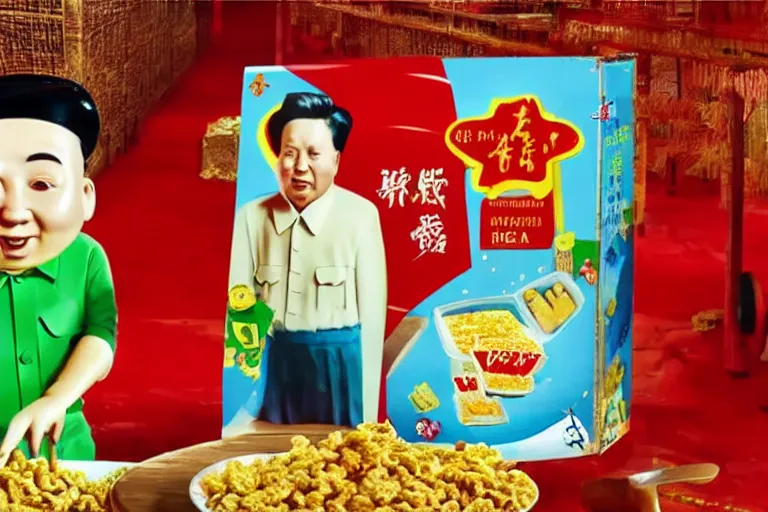 Prompt: chairman mao red sugar stars kid's cereal commercial