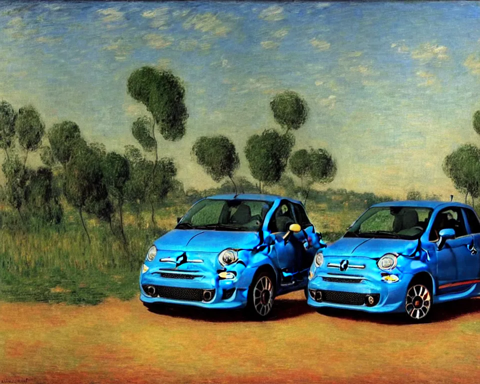 Image similar to achingly beautiful painting of a 2 0 1 3 fiat 5 0 0 abarth by rene magritte, monet, and turner. whimsical.