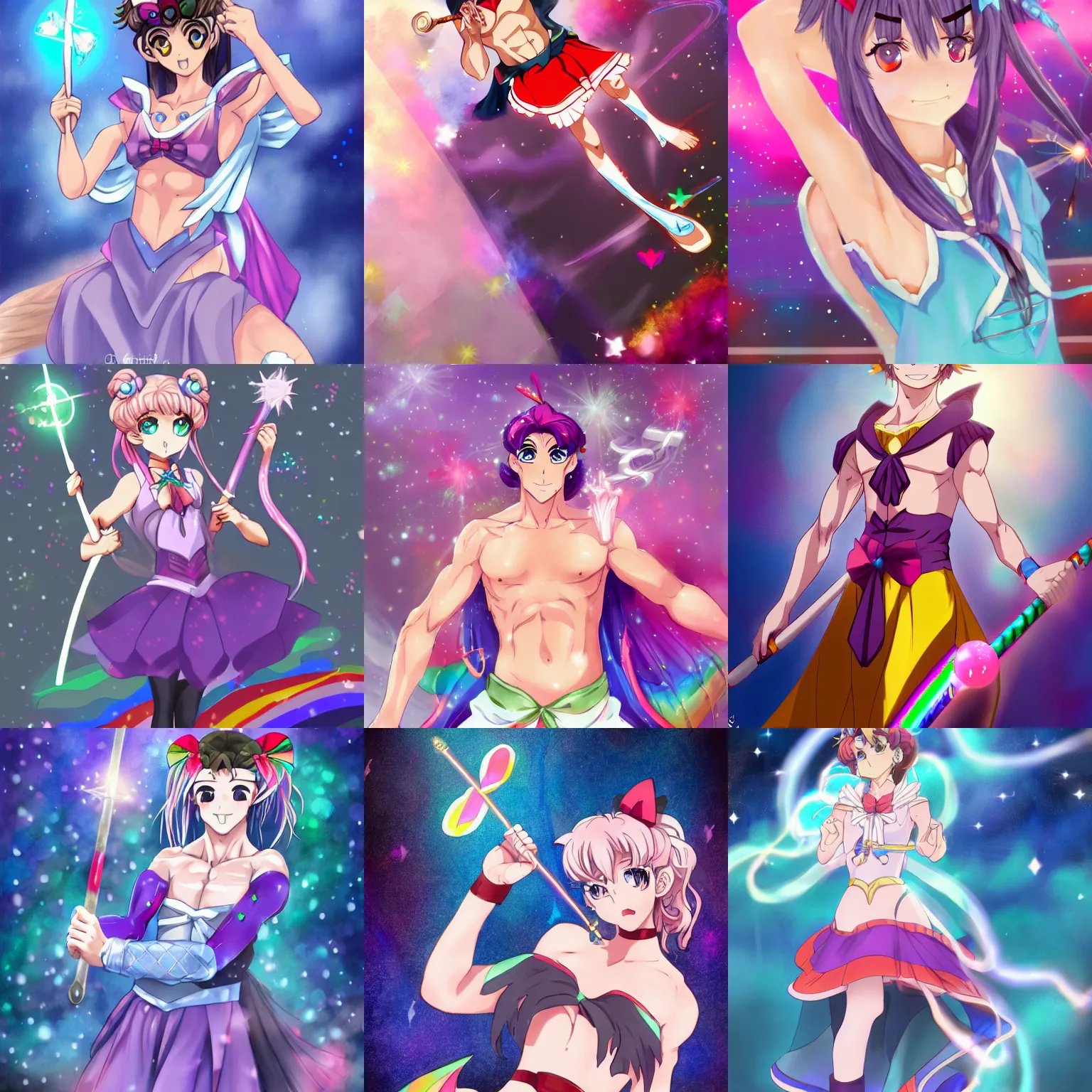 Prompt: crossdressing magical man in anime style, colorful dress, holding wand, fantasy, smile, illustration, body hair, muscular, full body, face, head, workout, male, body builder, digital painting, best on artstation, best on cgsociety, awarding winning, realistic, epic, stunning, rainbows, sailor moon, hdr, highly detailed