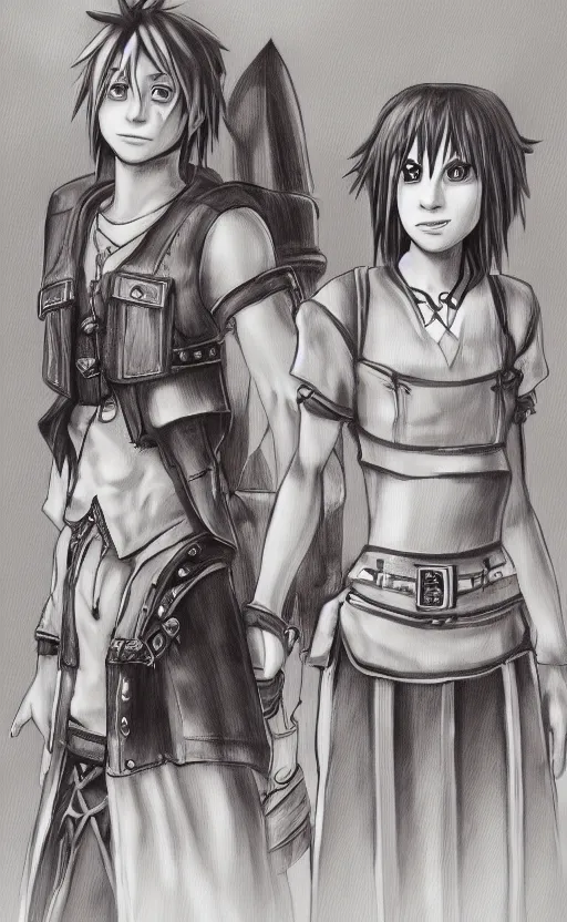 Prompt: Kairi and Sora as American Gothic in the style of Kingdom Hearts concept art, unreal engine, 8k resolution