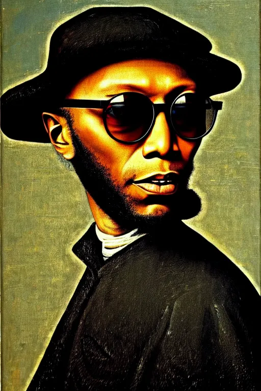 Prompt: high quality celebrity portrait of mos def wear king sunglasses painted by the old dutch masters, rembrandt, hieronymous bosch, frans hals, symmetrical detail