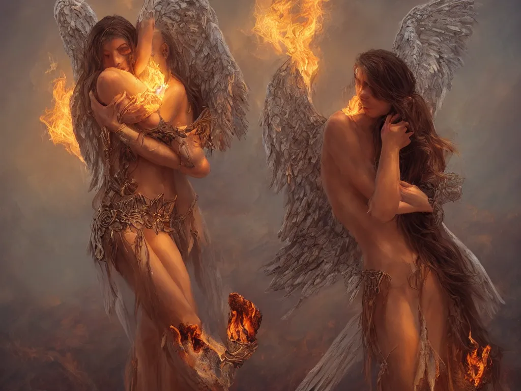 Prompt: angel holding a burning man in his arms, fantasy art, award winning, fantasy magic, intricate, elegant, sharp focus, cinematic lighting, highly detailed, digital painting, concept art, art by wlop and artgerm, masterpiece, trending on artstation, 8 k
