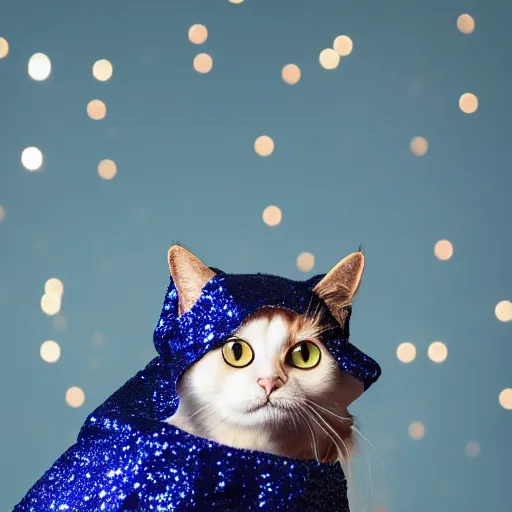 Prompt: a high - quality photo of a stylish cat wearing a sequined designer cloak, hyperrealistic, textured, animal portrait, dark ( ( royal blue ) ), bokeh, f 2. 8